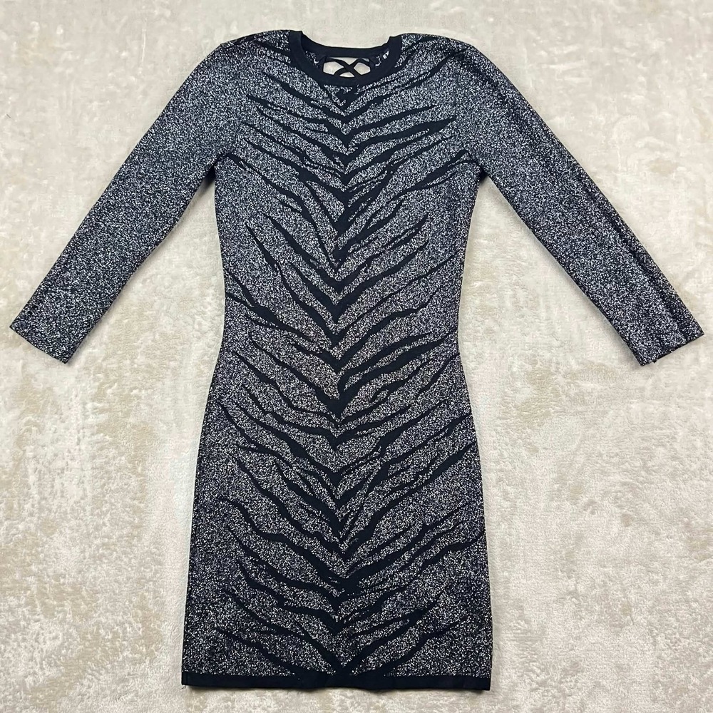 Express Womens Silver Black Tiger Stripe Metallic Lace Up Back Sweater Dress S